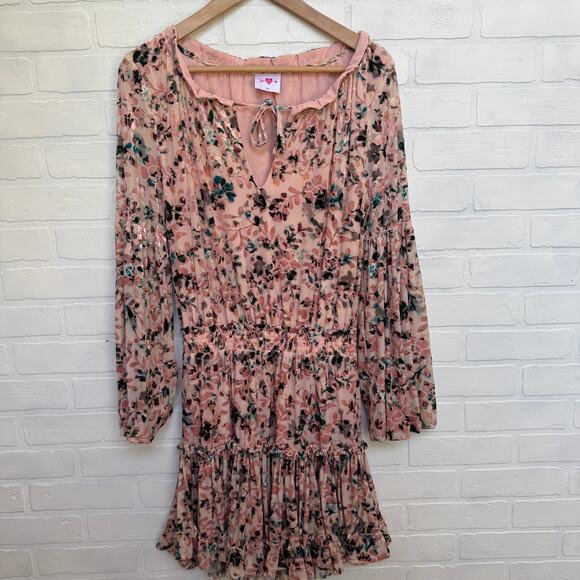 Buddy Love Women's Velvet Pink Floral Elastic Waist 3/4 Sleeve Dress -sz S - Picture 3 of 8
